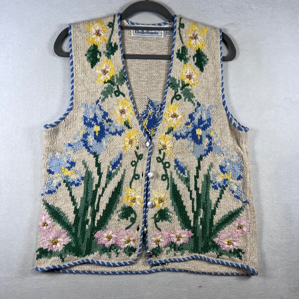 BellePointe Vintage Floral Knit Sweater Vest Ramie Cotton Cottagecore Small 90s
